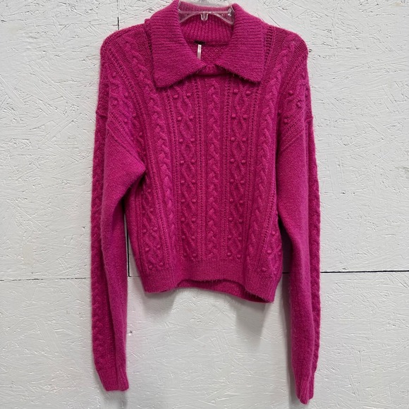 Free People Sweaters - Free People Large Sweater Pink Cable Knit Polo Collar Boho Barbiecore Vibrant